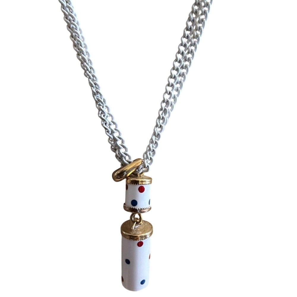 Vintage White Enamel Double Strand Necklace Red‎ Blue Polka Dot Tiered Pendant